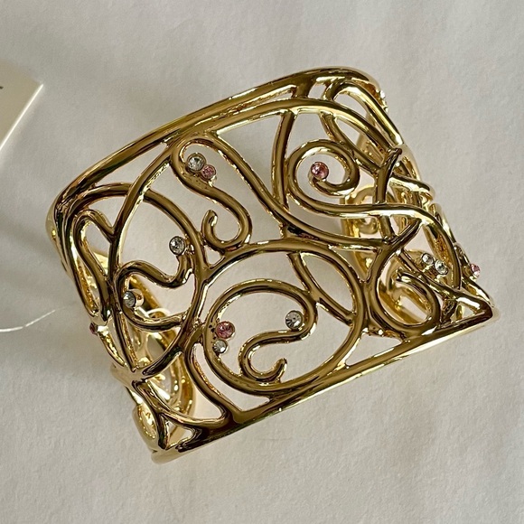 Vintage Gold Plated and Swarovski Crystal Wide Cuff Scroll Bracelet - Picture 2 of 5